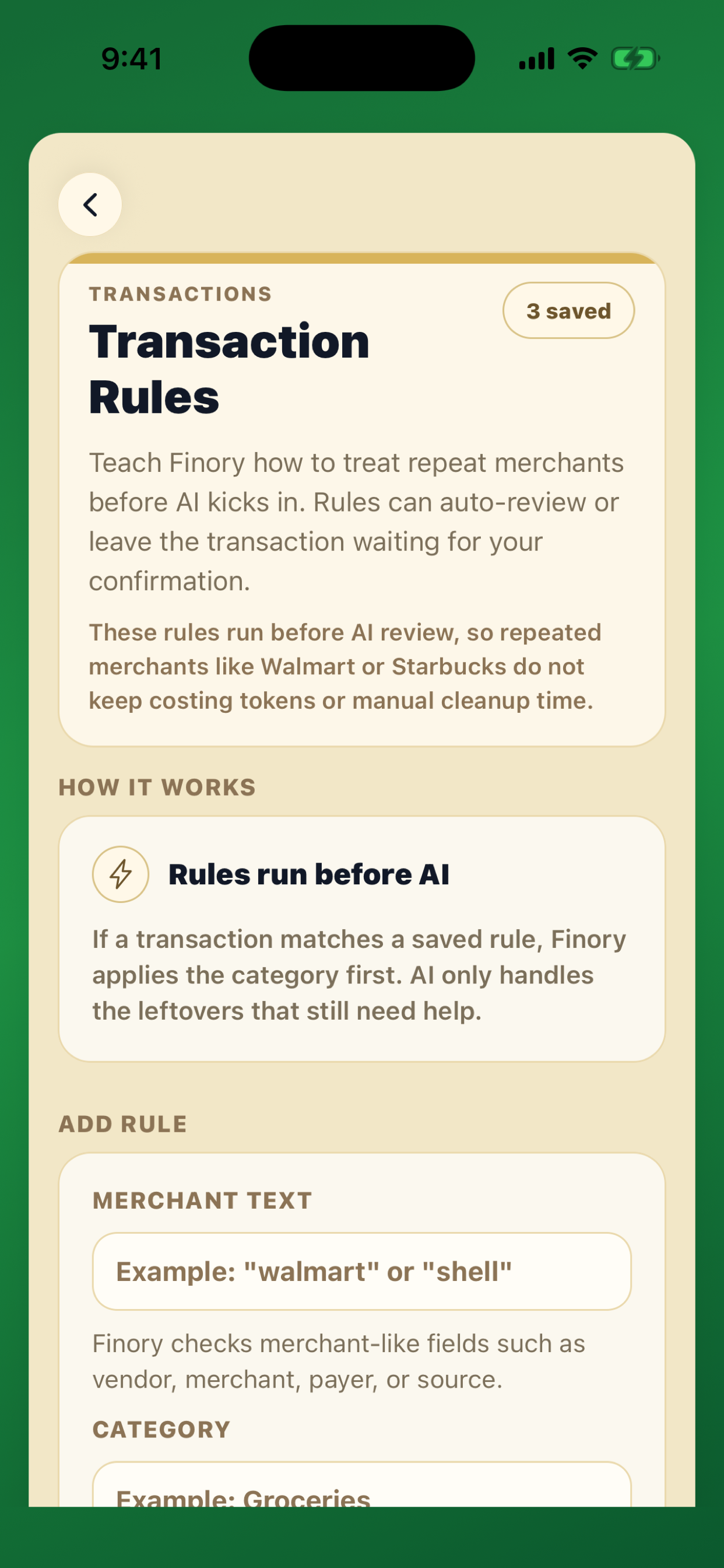 Centscribe transaction rules screen
